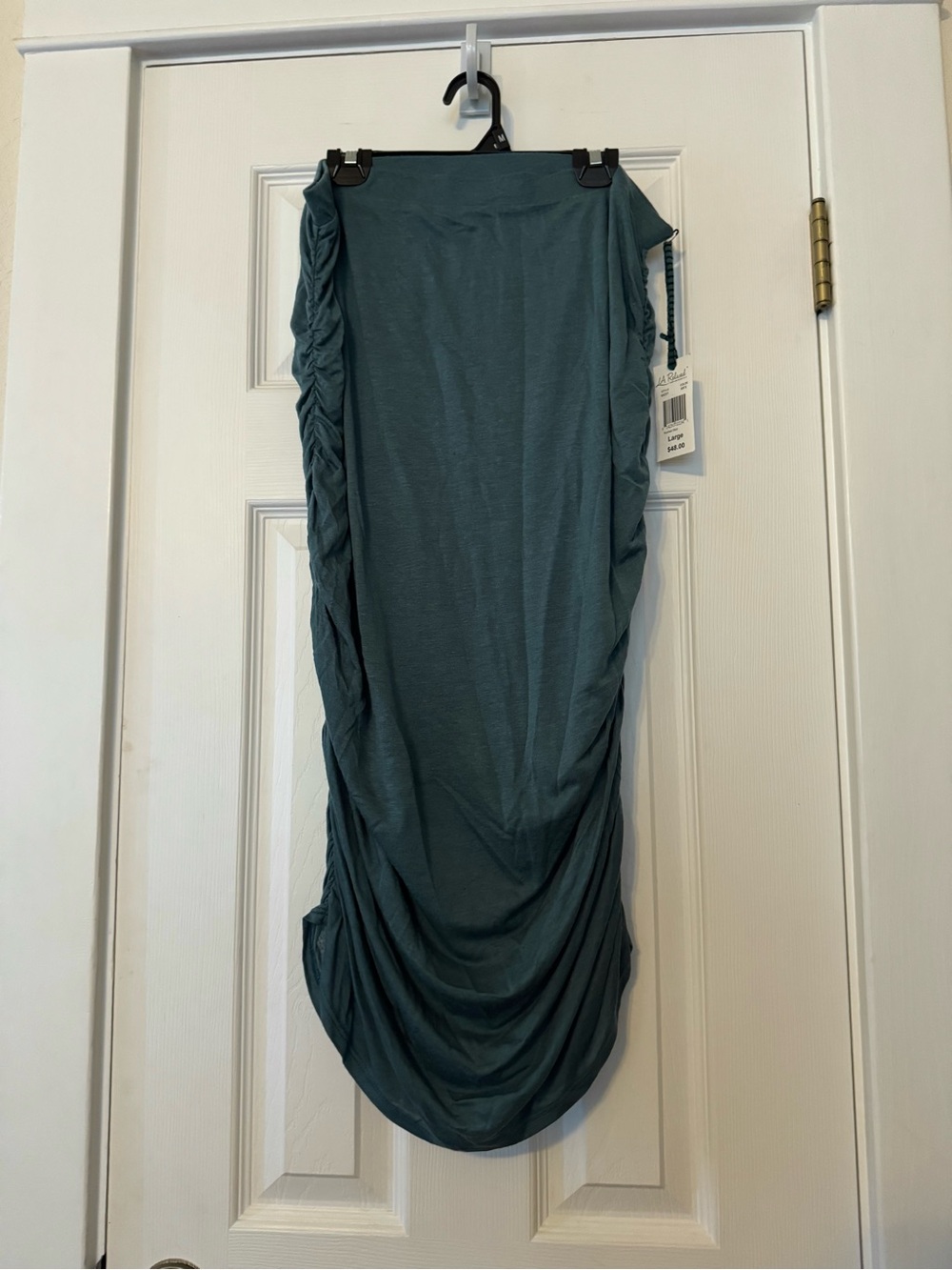 LA Relaxed Kacey Ruched Midi Skirt Large NWT Teal Tencel Flax Blend Made in USA